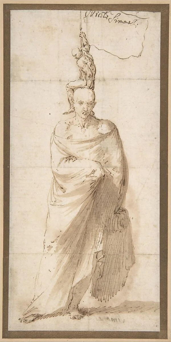 Man Wearing a Large Cloak and a Small Naked Man on His Head — Jusepe de Ribera (called Lo Spagnoletto)