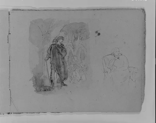 Man in Cape with Staff Watching Melee; Seated Woman (from Sketchbook)