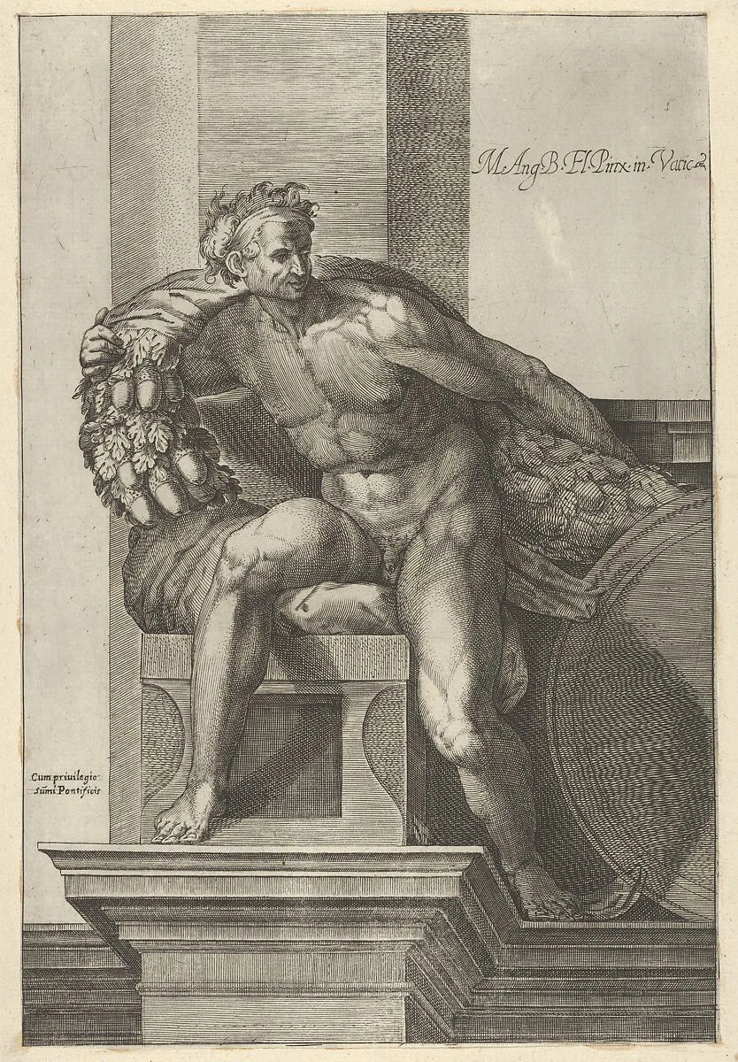 A naked man (Ignudo) with a garland with acorns over his shoulders, after Michelangelo's 'The Last Judgment' fresco in the Sistine Chapel — Cherubino Alberti (Zaccaria Mattia)|Michelangelo Buonarroti