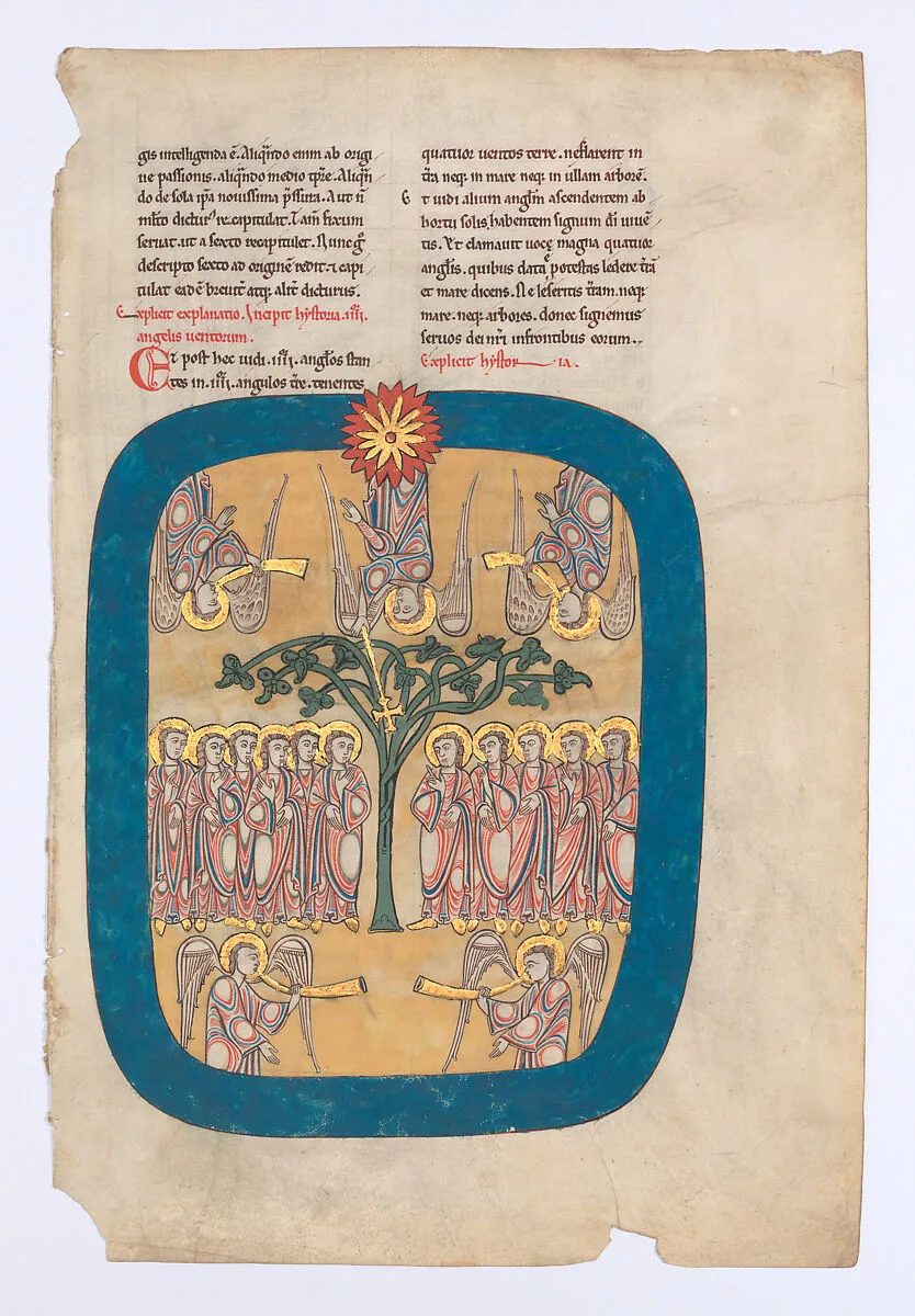 Leaf from a Beatus Manuscript: Angels Restrain the Four Winds; the Angel Ascends from the Rising Sun — Unknown