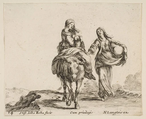 A young peasant woman and her child sitting side saddle atop a horse in center, another peasant woman to right, holding a large bag in her left arm, plate 14 from "Diversi capricci"
