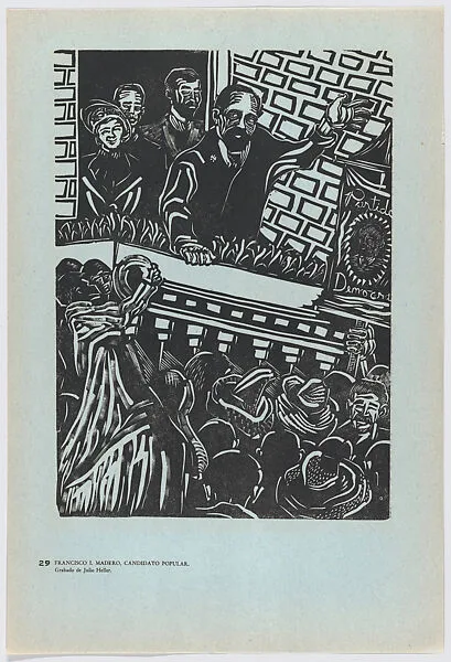 Plate 29: Francisco I. Madera addressing the crowd from a balcony, from the portfolio 'Estampas de la revolución Mexicana' (prints of the Mexican Revolution) — Taller de Gráfica Popular|Jules Heller
