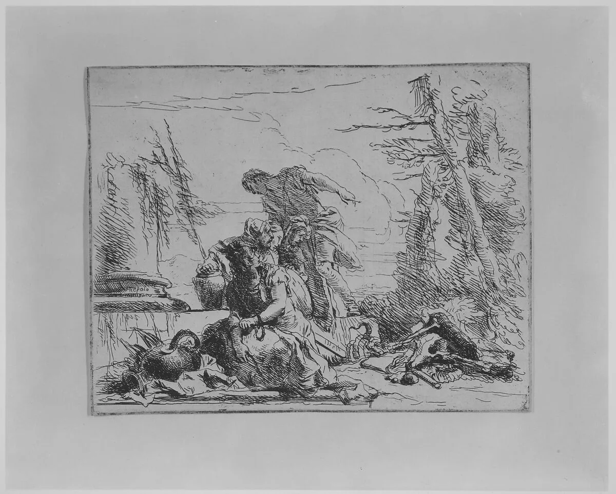 Chained Woman and Other Figures Regarding a Pyre of Bones, from the Capricci — Giovanni Battista Tiepolo