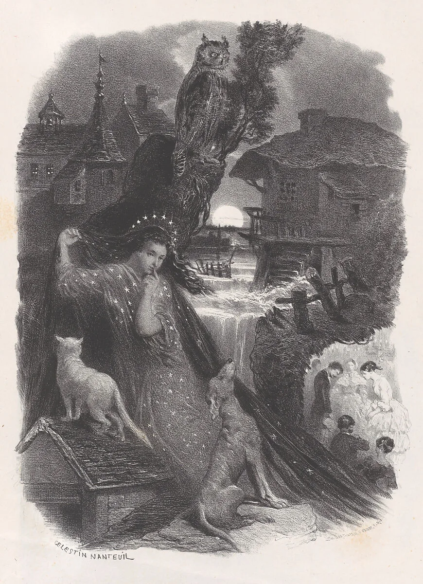 Night; vignette of girl in 18th century costume picking roses on verso — Bertauts, P. Cadet, Paris|Célestin Nanteuil