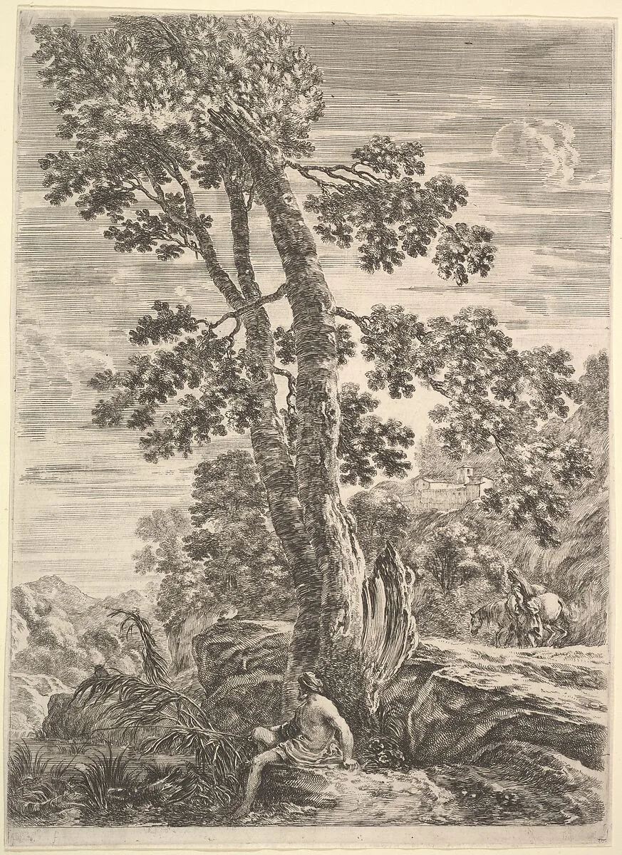 A fisherman at center facing left and leaning against a large tree, a woman walking next to a horse to right in the background, from 'Four large landscapes' (Quatre grands paysages en hauteur) — Stefano della Bella