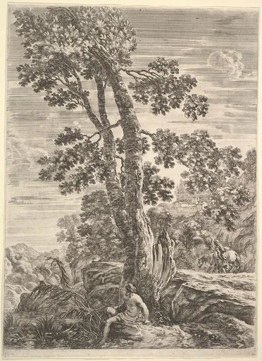 A fisherman at center facing left and leaning against a large tree, a woman walking next to a horse to right in the background, from 'Four large landscapes' (Quatre grands paysages en hauteur)