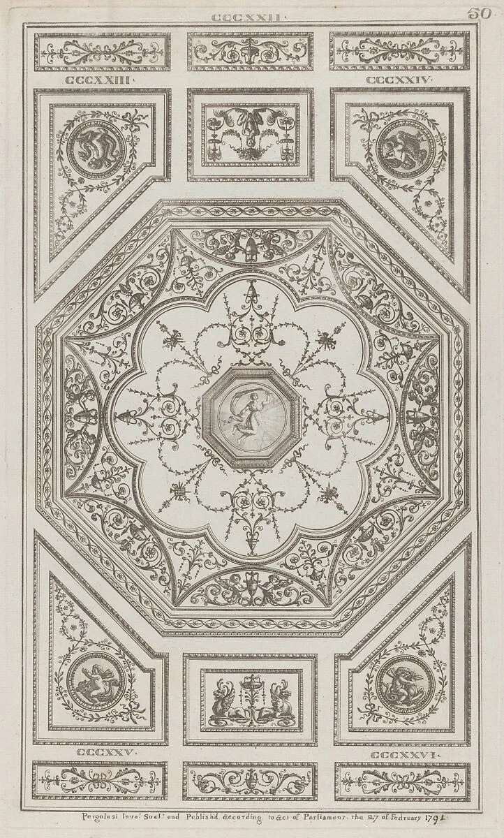 Ceiling Ornament, nos. CCCXXII–CCCXXVI, plate 50 from "Designs for Various Ornaments" — Michelangelo Pergolesi