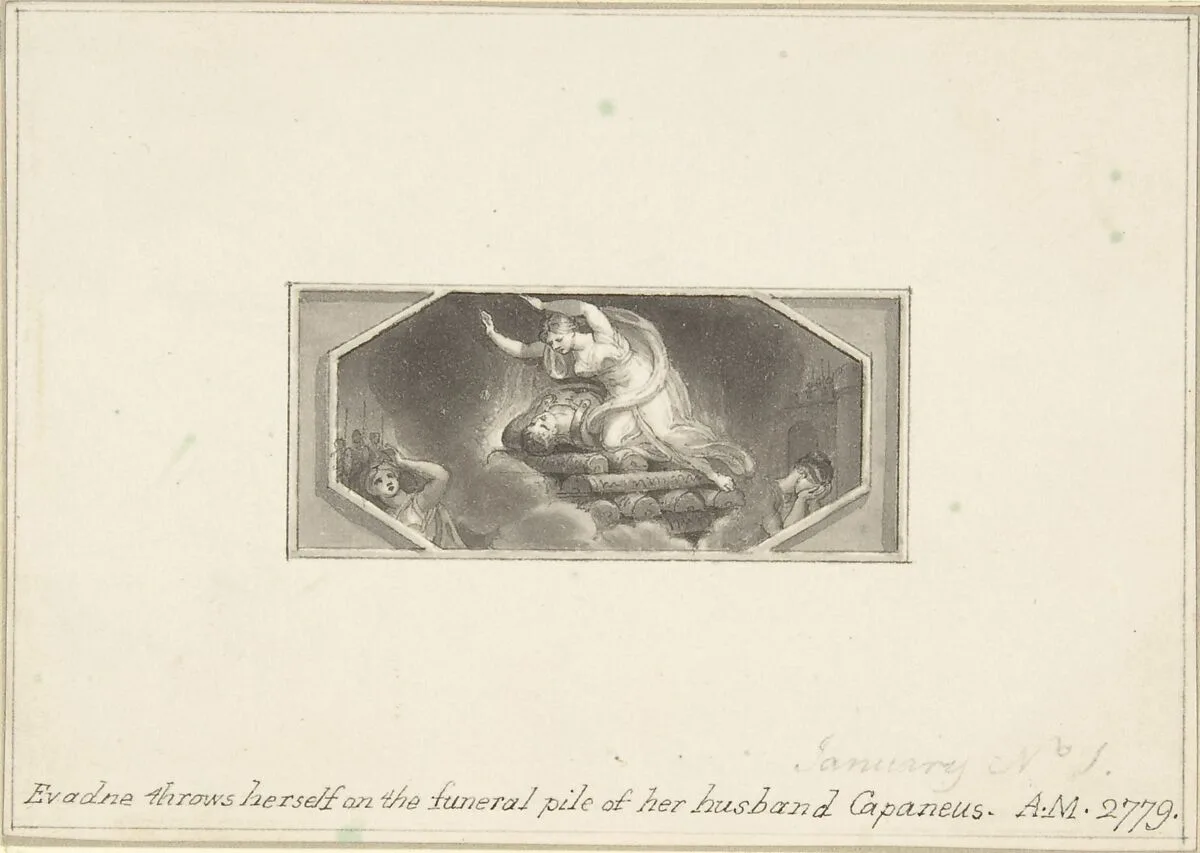 Evadne throws herself on the Funeral Pile of her Husband Capaneus — Edward Francis Burney