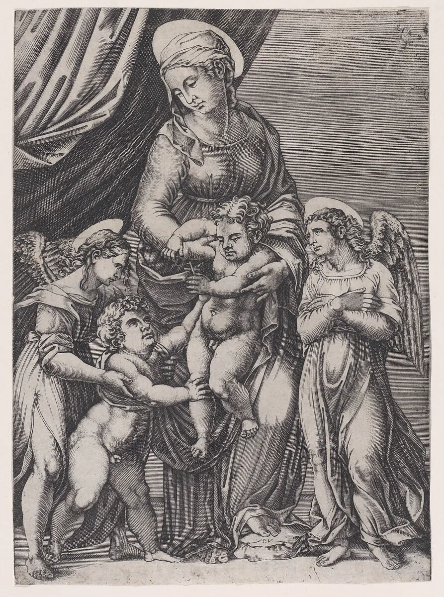 The Virgin, the Infant Christ, Infant Saint John, and Two Angels — Agostino Veneziano (Agostino dei Musi)|Francesco Francia