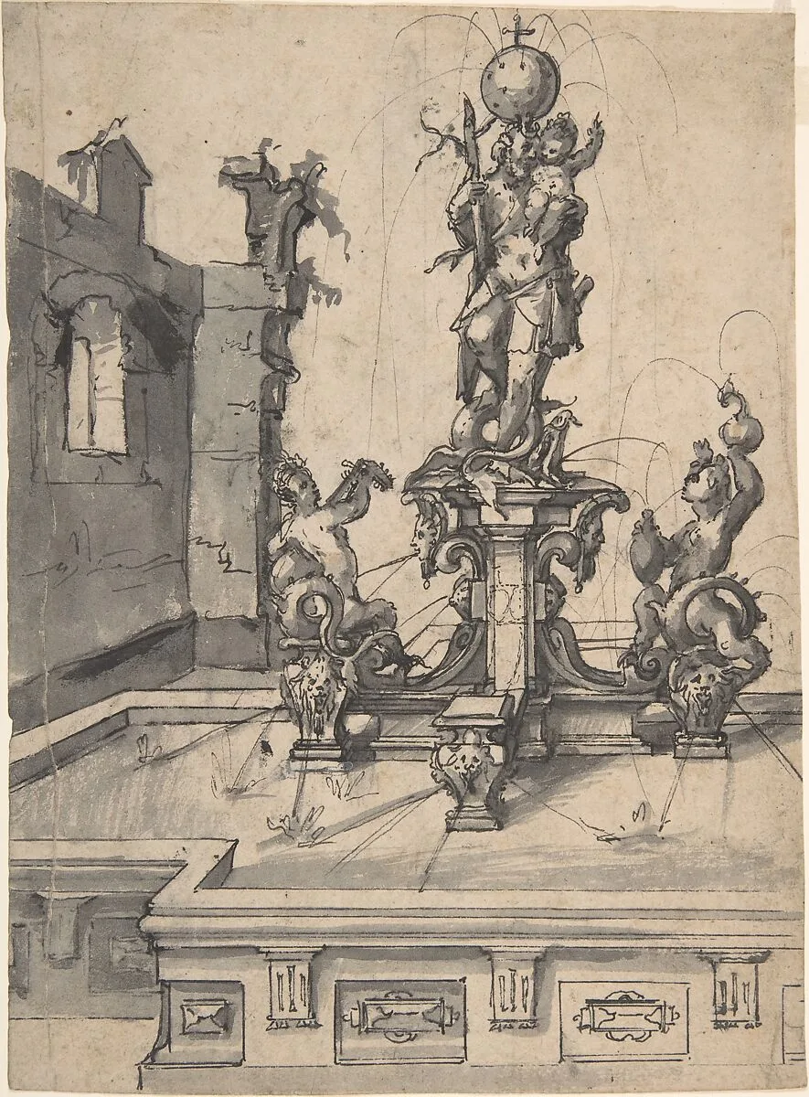 Design for an Elaborate Fountain Surmounted by a Statue of St. Christopher; verso: Studies of Architectural Details — Wendel Dietterlin, the Elder