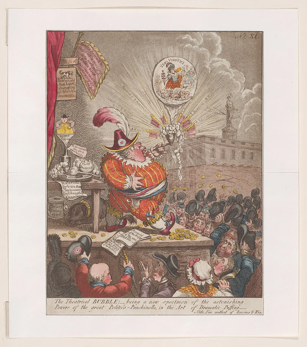 The Theatrical Bubble; being a new Specimen of the Astonishing Powers of the Great Politiico-Punchinello in the Art of Dramatic Puffing — James Gillray