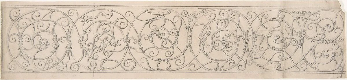 Panel of Curvilinear Metal Ornament Adorned with Masks and Winged Figures — Anonymous, British, 19th century