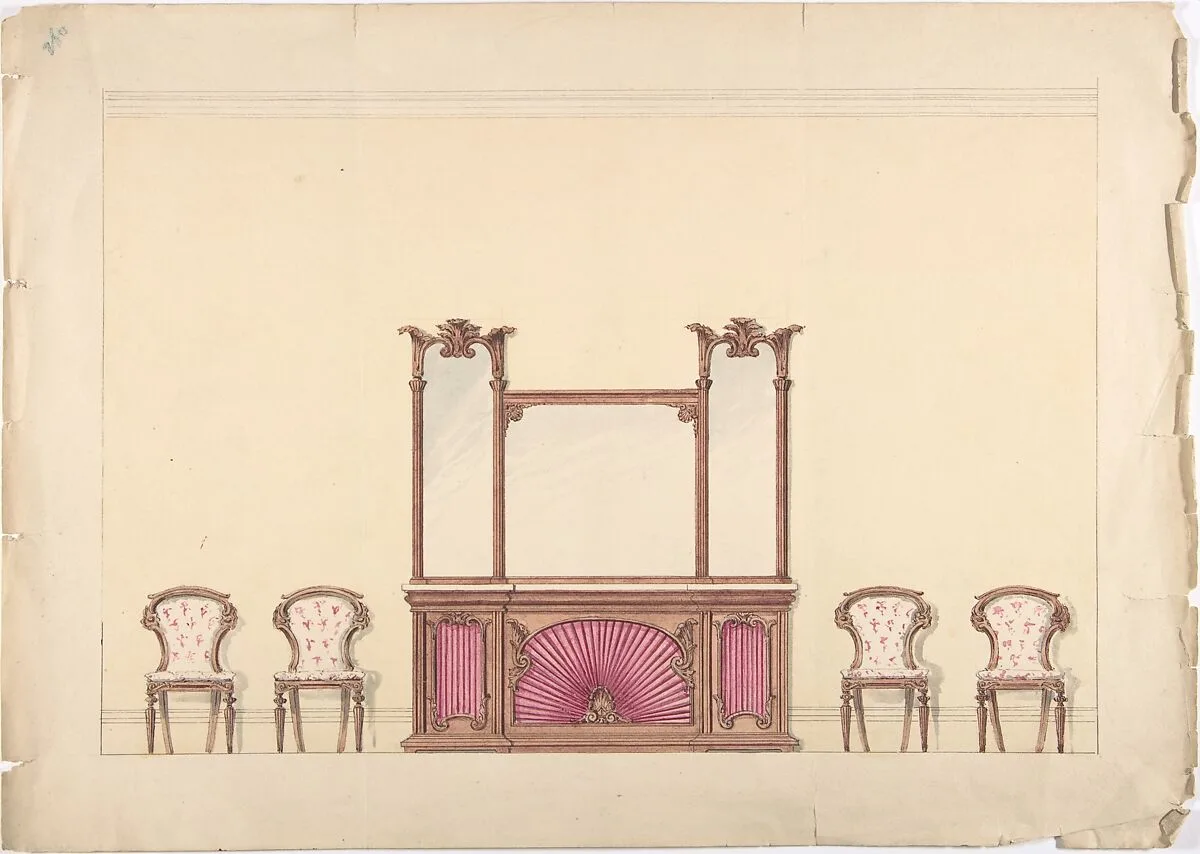 Design for a Mirrored Cabinet and Four Chairs — Anonymous, British, 19th century