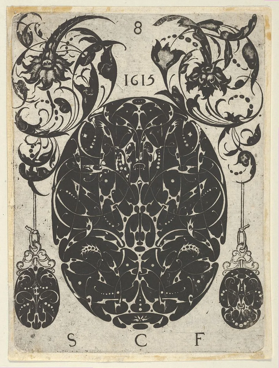 Blackwork Print with an Oval at Center Flanked by Pendants Hanging from Foliate Scrolls, from a Series of Blackwork Prints for Goldsmiths' Work — Etienne Carteron