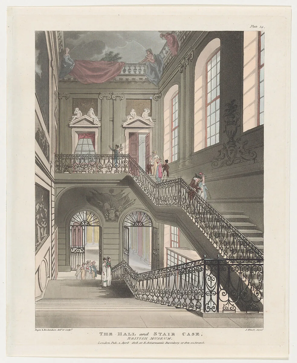 The Hall and Stair Case, British Museum — Rudolph Ackermann, London|John Bluck|Thomas Rowlandson|Auguste Charles Pugin