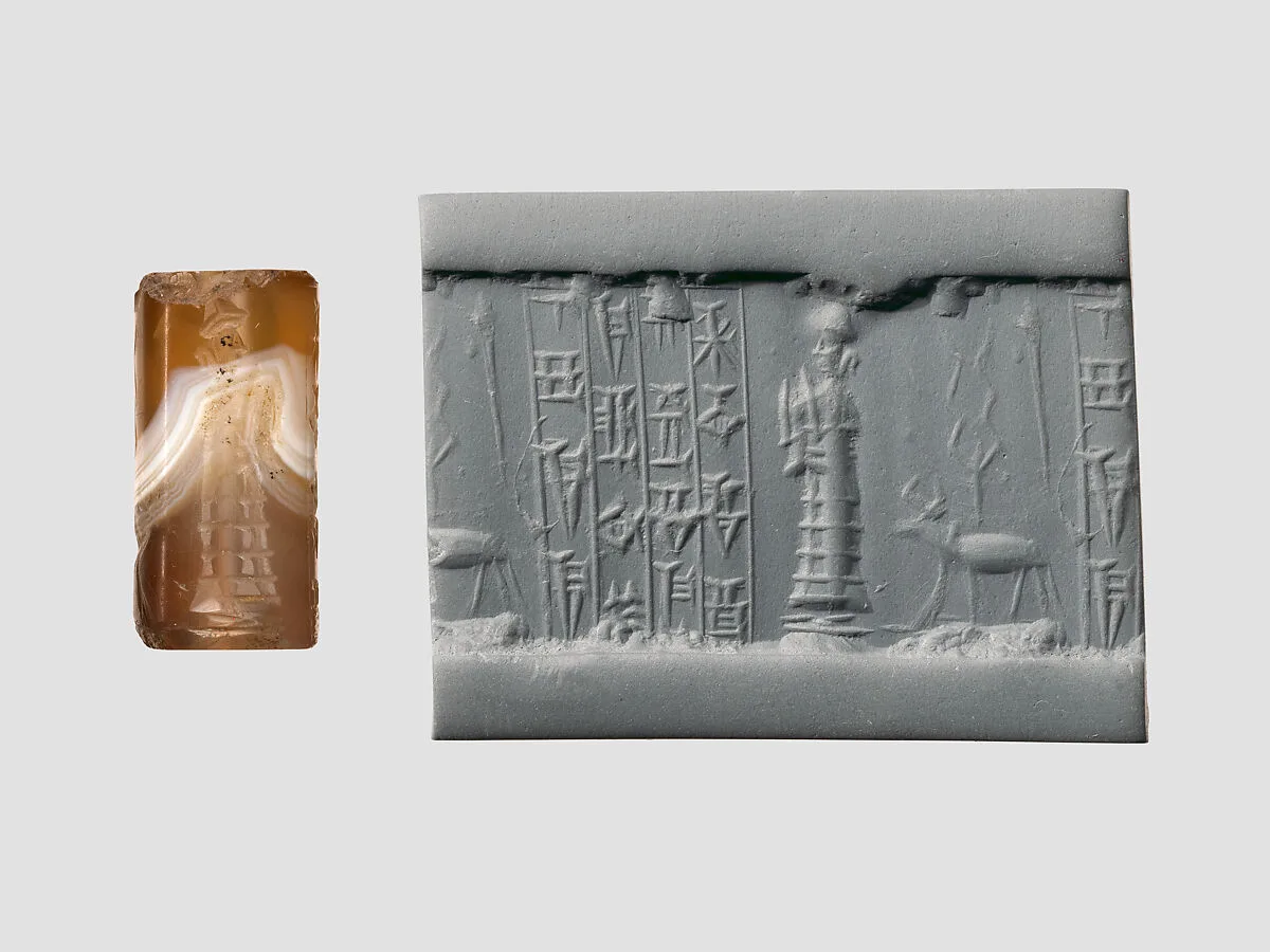 Cylinder seal and modern impression: suppliant goddess — Unknown