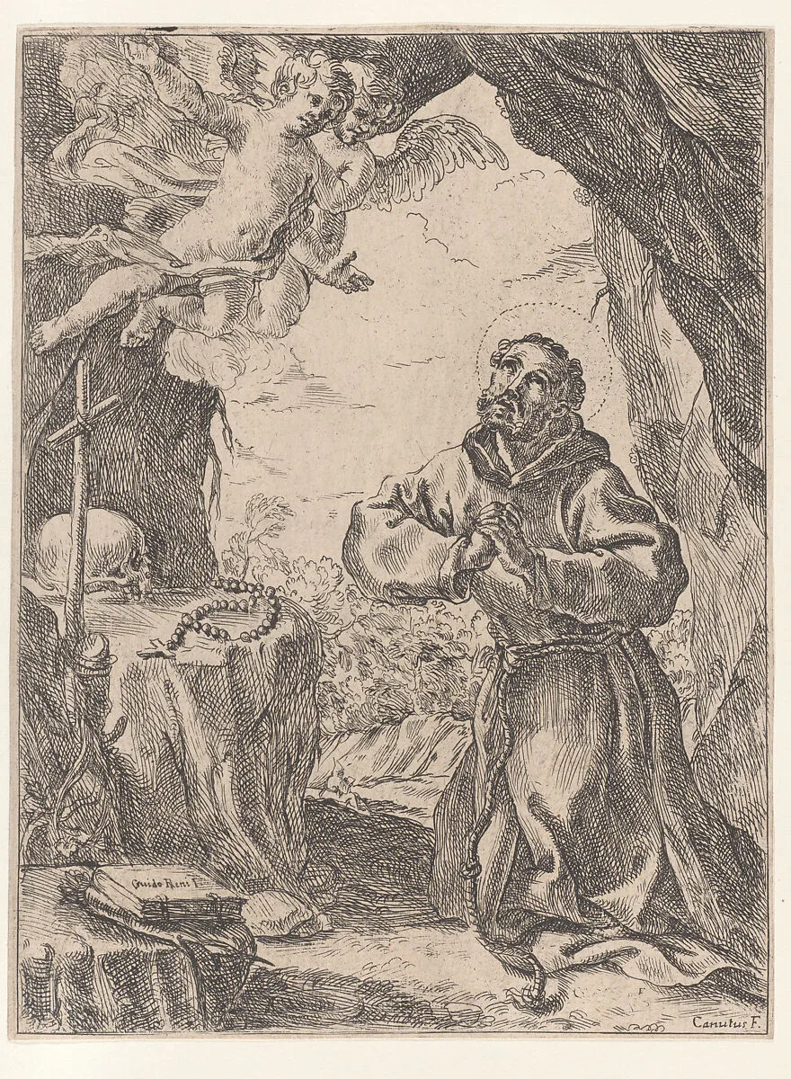 Saint Francis of Assisi, kneeling before a crucifix with two angels at upper left — Guido Reni|Domenico Maria Canuti