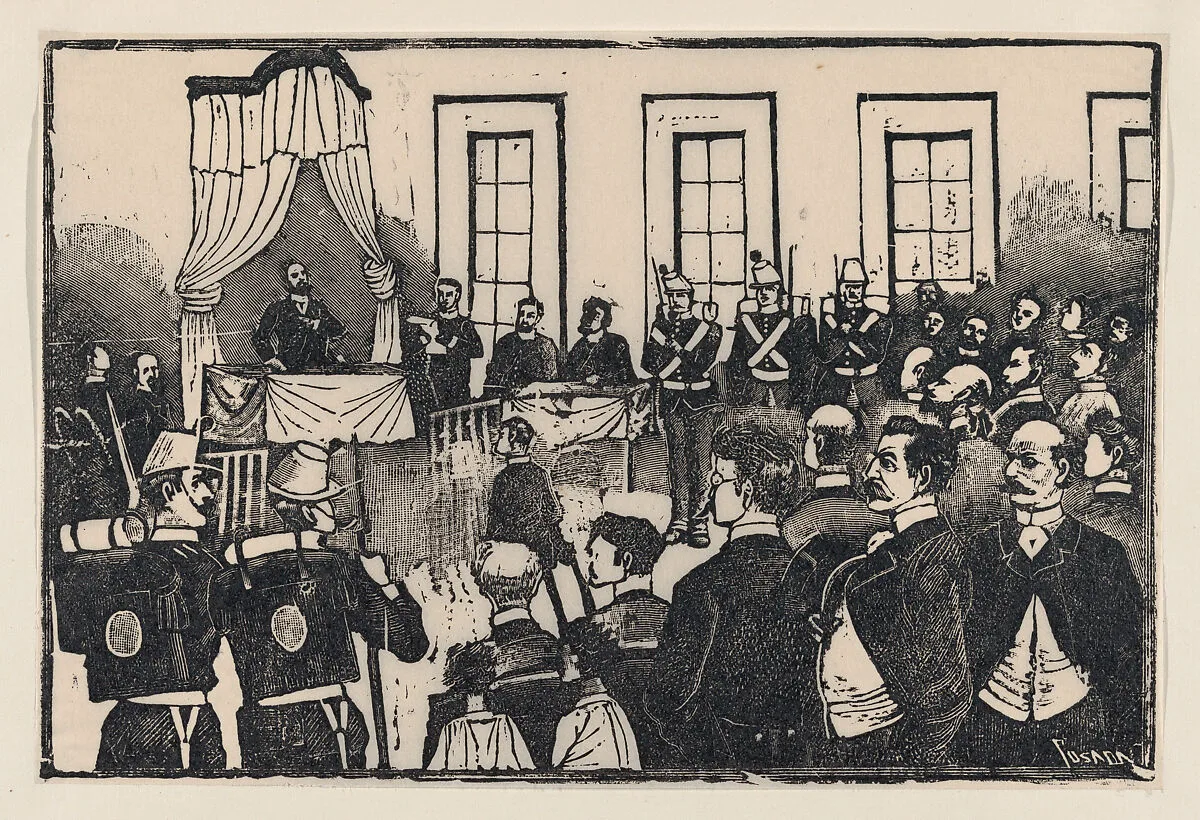 The trial of the killers of Tomas Hernandez Aguirre, from a broadside entitled 'El jurado de los asesinos del Sr. Tomás Hernábdez Aguirre. Defensa de los reos. La sentencia. Actitud de los criminales' — José Guadalupe Posada