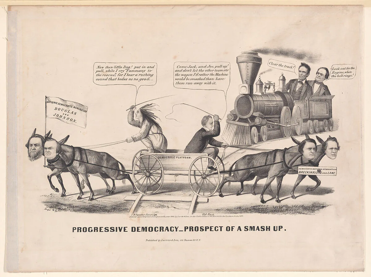 Progressive Democracy – Prospect of a Smash Up — Abraham Lincoln|Currier & Ives|James Buchanan, Jr.|Joseph Lane|Louis Maurer|Hannibal Hamlin|Stephen Arnold Douglas|Hershel V. Johnson|John C. Breckinridge