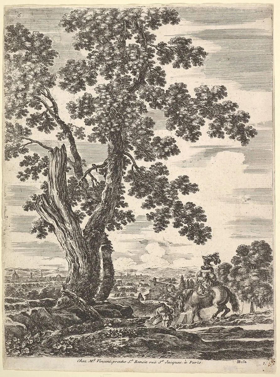 A woman on horseback seen from behind descending a hill to the right, a large tree to the left, landscape of Florence to left in the background, from 'Four large landscapes' (Quatre grands paysages en hauteur) — Stefano della Bella
