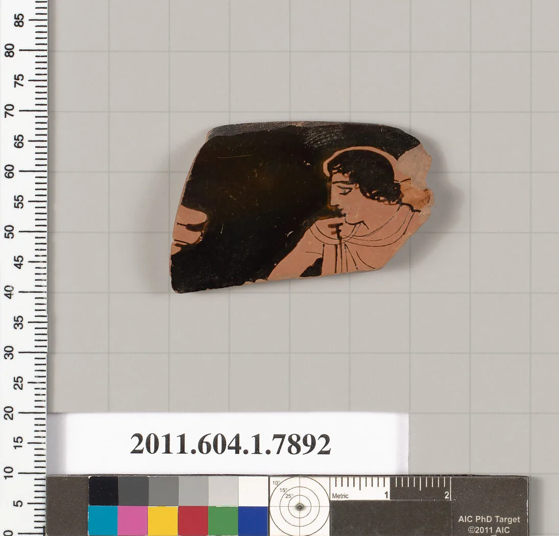 Terracotta rim fragment of a kylix (drinking cup) — Painter of London E 777