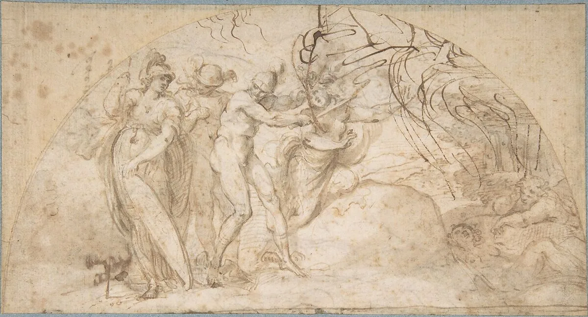 Perseus Beheading Medusa (recto); Studies of a Child and Ornament Sketches (verso) — Annibale Carracci