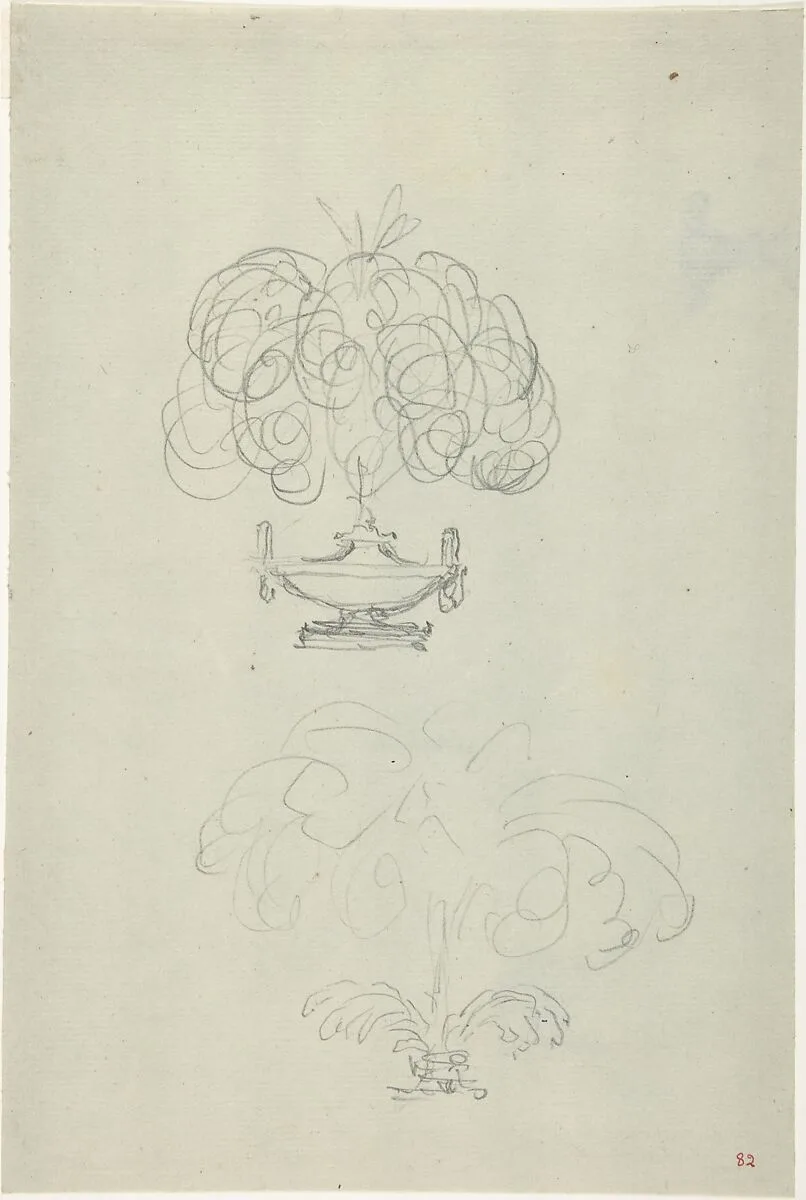 Design for a Plumed Oil Lamp (recto); Sketches for a vase and oil lamp (verso) — Anonymous, French, 18th century