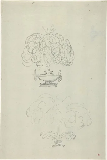 Design for a Plumed Oil Lamp (recto); Sketches for a vase and oil lamp (verso)