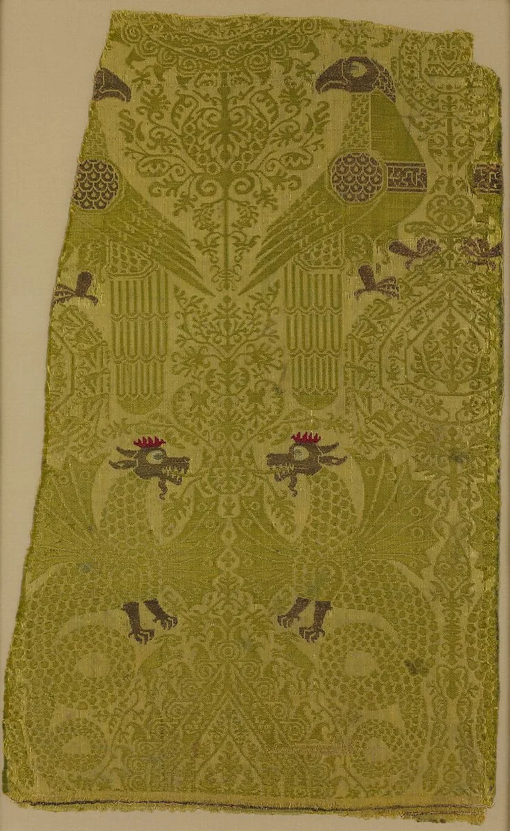 Textile Fragment with brocade with Bird, Dragon, and Palmette Motifs — Unknown