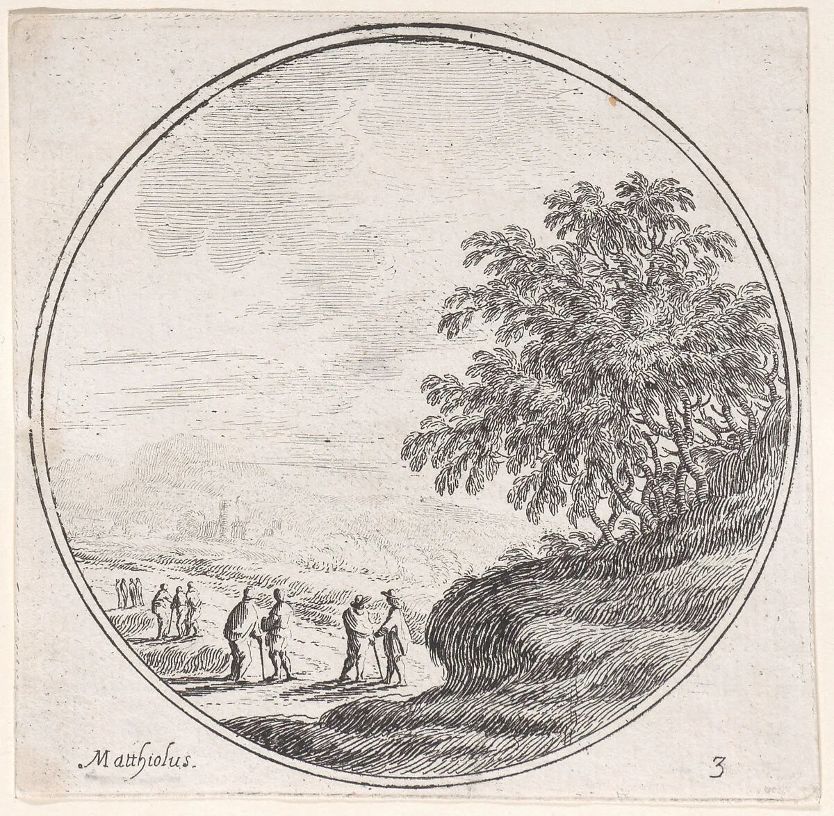Plate 3: figures in a landscape at lower left, trees at right — Lodovico Mattioli