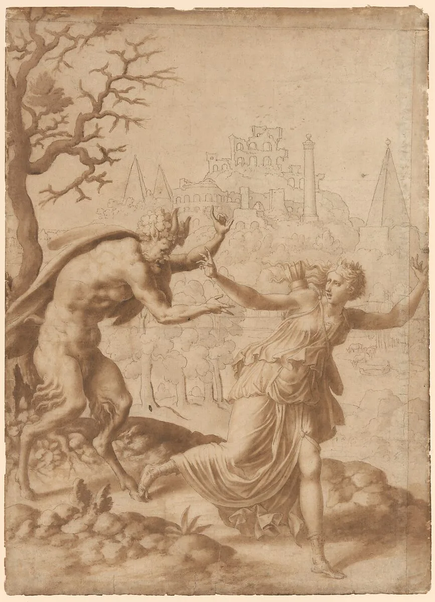 A Satyr Pursuing a Nymph — Anonymous, French, School of Fontainebleau, 16th century