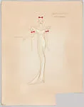 Drawing for a woman's theatrical costume with a white gown with red bows — Vincente Minnelli