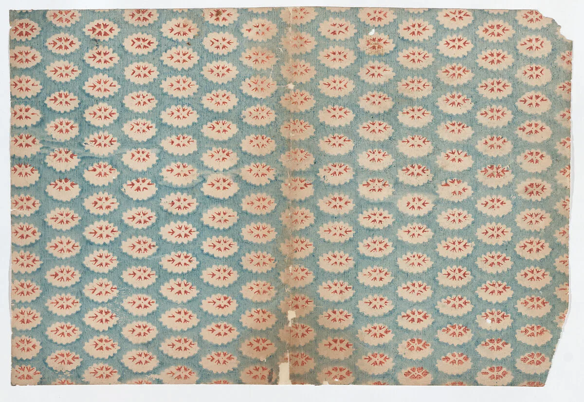 Sheet with overall pattern of ovals with red designs — Anonymous