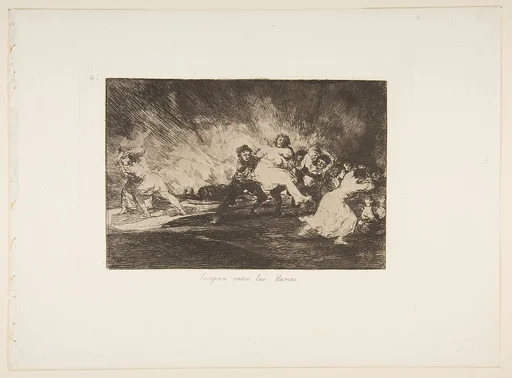 Plate 41 from "The Disasters of War" (Los Desastres de La Guerra): 'They escape through the flames' (Escapan entre las llamas)
