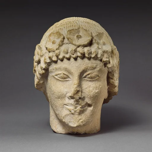 Limestone beardless male head with a wreath of rosettes