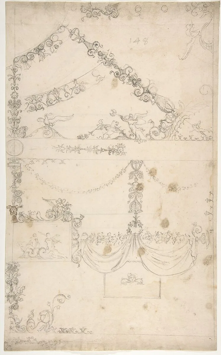 Domus Aurea, Volta Gialla, grotteschi, details (recto) Unidentified building, thermal window, elevation (verso) — Anonymous, French, 16th century