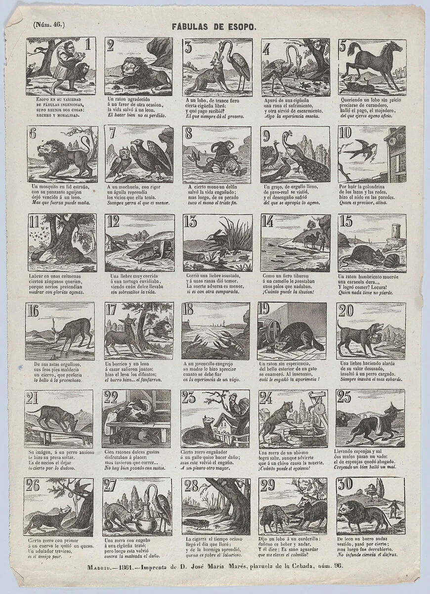 Broadside with 30 scenes depicting Aesops fables — José María Marés