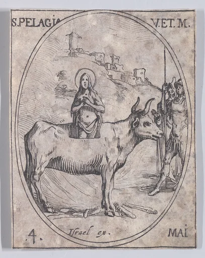 Ste. Pélagie, vierge et martyre (St. Pelagia, Virgin and Martyr), May 4th, from "Les Images De Tous Les Saincts et Saintes de L'Année" (Images of All of the Saints and Religious Events of the Year)