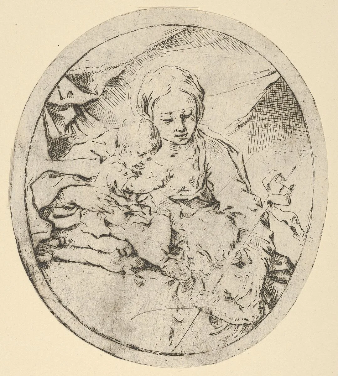 The Virgin with the infant Christ seated on a cushion and the young Saint John the Baptist at his feet, an oval composition — Guido Reni