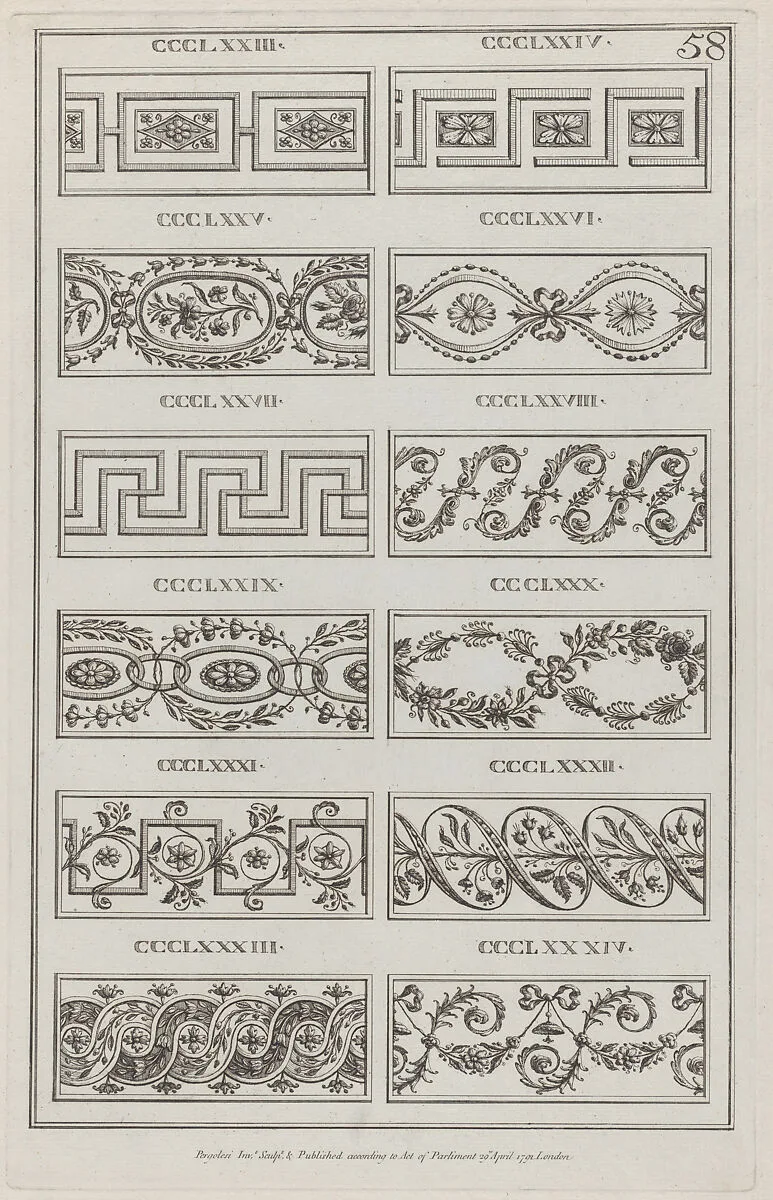 Panels of Ornament, nos. CCCLXXIII–CCLXXXIV, plate 58 from "Designs for Various Ornaments" — Michelangelo Pergolesi