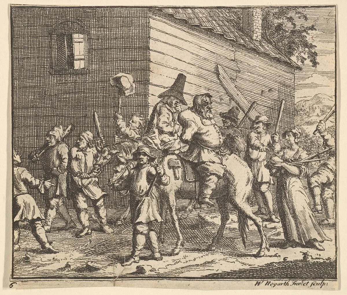 Hudibras and Ralpho Made Prisoners and Carried to the Stocks (Seventeen Small Illustrations for Samuel Butler's Hudibras, no. 6) — William Hogarth|Samuel Butler