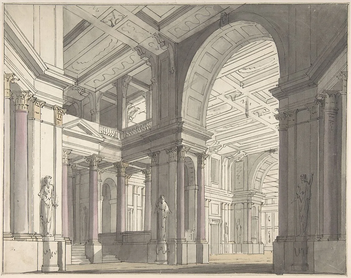 Design for a Stage set Showing the Interior of a Palace (recto); Architectural Sketch (verso) — Josef Platzer