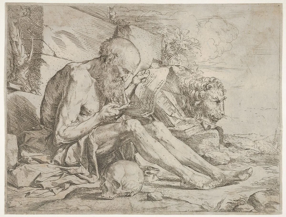 St. Jerome seated on the ground and reading an inscribed scroll, a skull next to his right leg and a lion beyond — Jusepe de Ribera (called Lo Spagnoletto)