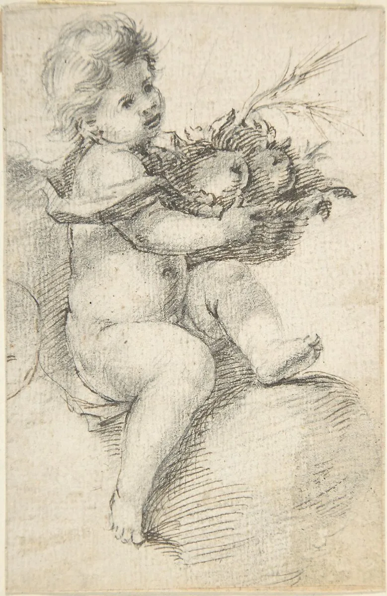 Seated Putto Holding a Basket of Fruit — Anonymous, Spanish, School of Seville, 17th century