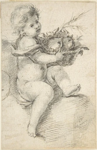 Seated Putto Holding a Basket of Fruit