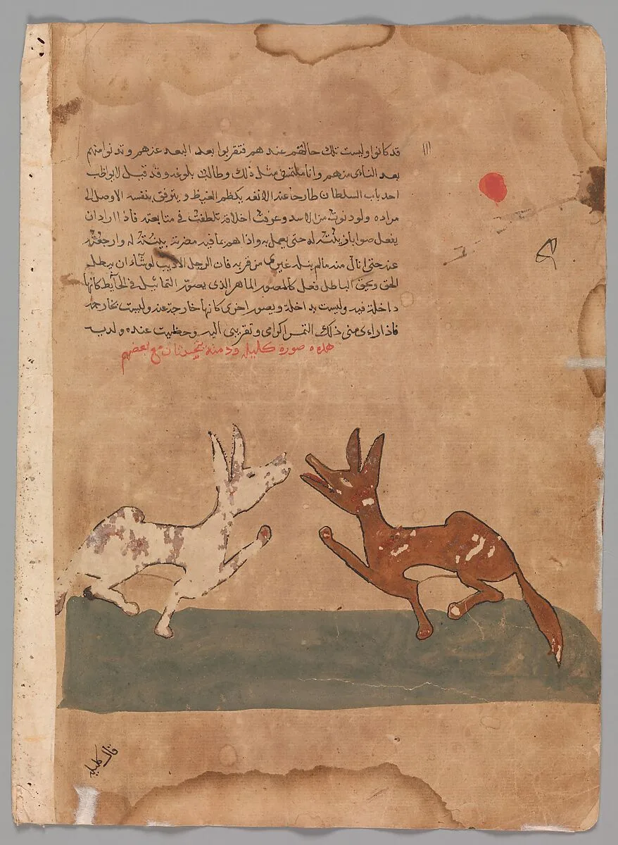 "Kalila and Dimna Discussing Dimna's Plans to Become a Confidante of the Lion", Folio from a Kalila wa Dimna — Unknown