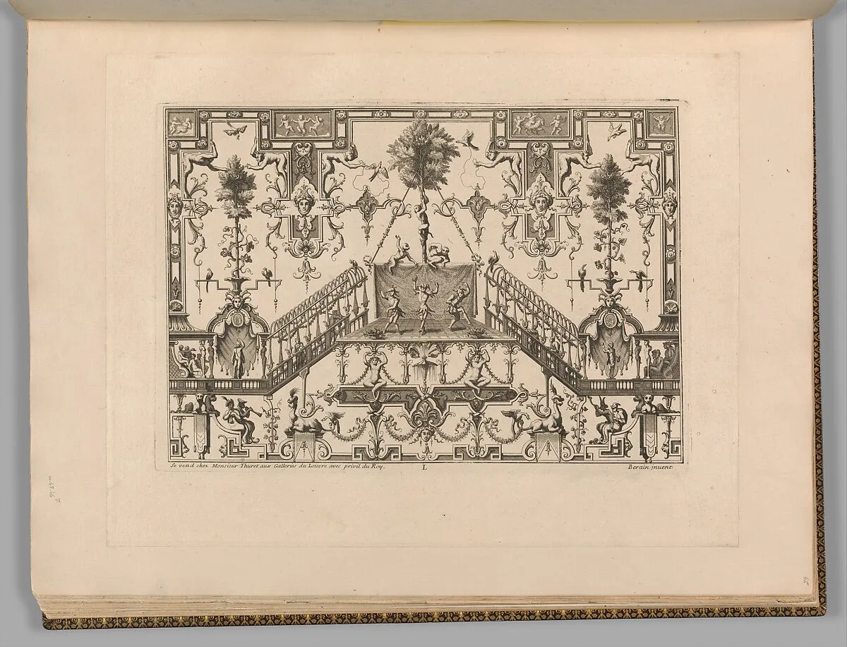 Plate from Ornament Designs Invented by J. Berain (page 65) — M. Daigremont|Jean Le Pautre|Juan Dolivar|Gérard Jean-Baptiste Scotin|François Le Moyne|Jean Berain|Joseph Vivien|François Chauveau|Jules Hardouin Mansart|Jean Mariette|Pierre Giffart|Claude Duflos|Daniel Marot the Elder|Thuret