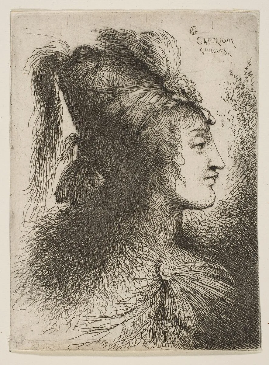 Young man wearing a plumed turban, facing right, from "Small Heads in Oriental Headdress" — Giovanni Benedetto Castiglione (Il Grechetto)