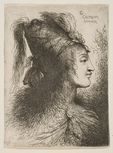 Young man wearing a plumed turban, facing right, from "Small Heads in Oriental Headdress"