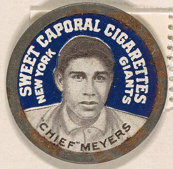 "Chief" Meyers, New York Giants (blue), from the Domino Discs series (PX7), issued by Kinney Brothers — Kinney Brothers Tobacco Company
